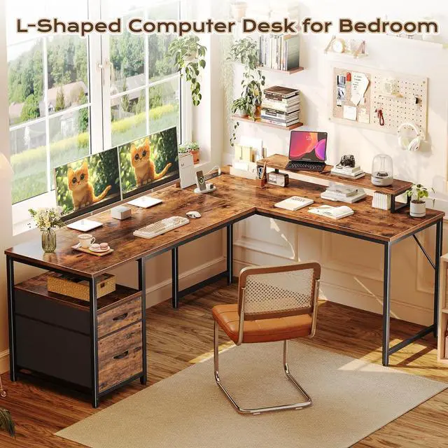 Alt view image 3 of 7 - PRAISUN 63 Inch L Shaped Desk with Power Outlets and USB-C Port, Computer Corner Home Office Desk with File Fabric Drawers and Movable Monitor Stand, Larger Storage, Gaming, Writing, Rustic Brown