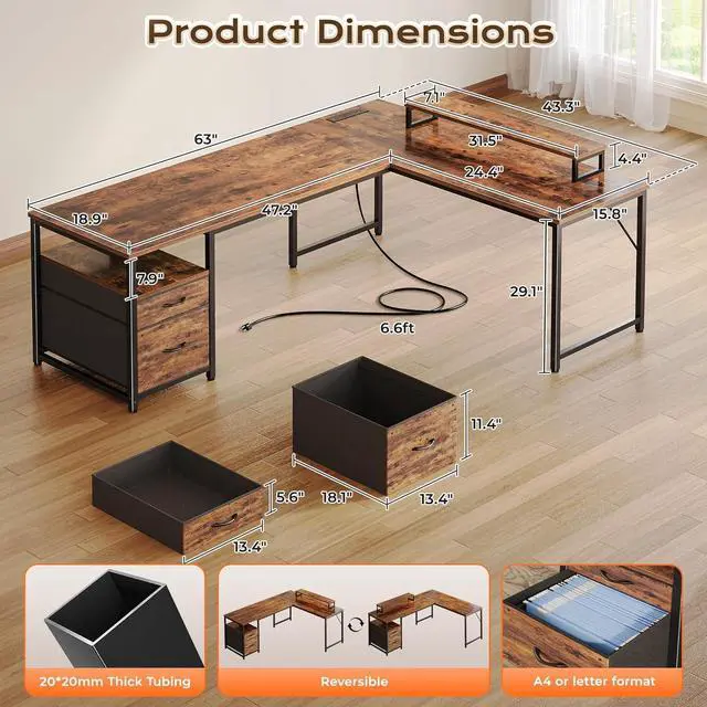 Alt view image 2 of 7 - PRAISUN 63 Inch L Shaped Desk with Power Outlets and USB-C Port, Computer Corner Home Office Desk with File Fabric Drawers and Movable Monitor Stand, Larger Storage, Gaming, Writing, Rustic Brown