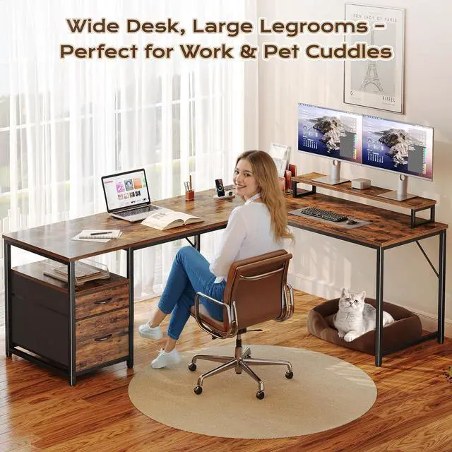 Alt view image 7 of 7 - PRAISUN 63 Inch L Shaped Desk with Power Outlets and USB-C Port, Computer Corner Home Office Desk with File Fabric Drawers and Movable Monitor Stand, Larger Storage, Gaming, Writing, Rustic Brown