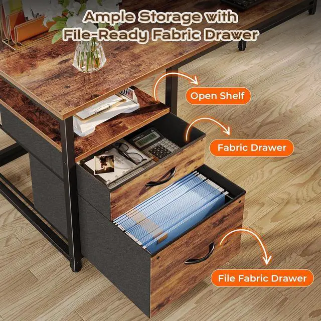 Alt view image 5 of 7 - PRAISUN 63 Inch L Shaped Desk with Power Outlets and USB-C Port, Computer Corner Home Office Desk with File Fabric Drawers and Movable Monitor Stand, Larger Storage, Gaming, Writing, Rustic Brown