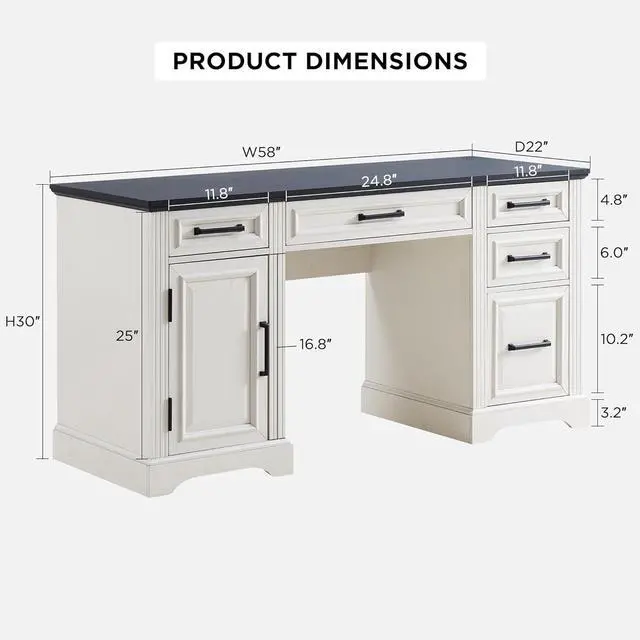 Alt view image 2 of 6 - JXQTLINGMU 58" Executive Desk, Farmhouse Computer Desk with Drawers and Cabinet, Embossed Texture Home Office Desk w/Charging Station, Workspace for Work Study Writing, Off White