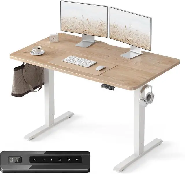 Main image of FEZIBO Standing Desk, 48 × 24 Inches Electric Height Adjustable, Sit and Stand Up, Computer Office Desk with Splice Board, White Frame/Maple TOP