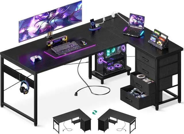 Main image of AODK L Shaped Gaming Desk with 4 Drawers, 61" Reversible Home Office Desks with Power Outlets, L Shaped Computer Desk with USB Charging Port and Host Stand, Corner Desk, Easy to Assemble, Black