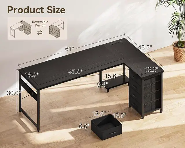 Alt view image 3 of 7 - AODK L Shaped Gaming Desk with 4 Drawers, 61" Reversible Home Office Desks with Power Outlets, L Shaped Computer Desk with USB Charging Port and Host Stand, Corner Desk, Easy to Assemble, Black