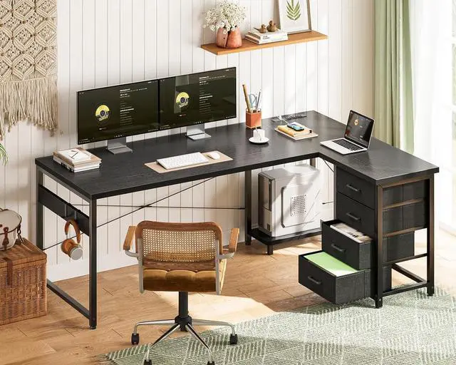 Alt view image 2 of 7 - AODK L Shaped Gaming Desk with 4 Drawers, 61" Reversible Home Office Desks with Power Outlets, L Shaped Computer Desk with USB Charging Port and Host Stand, Corner Desk, Easy to Assemble, Black
