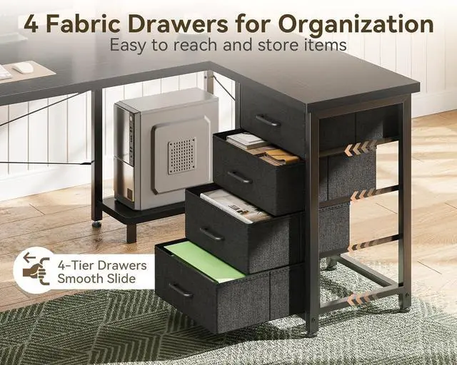 Alt view image 6 of 7 - AODK L Shaped Gaming Desk with 4 Drawers, 61" Reversible Home Office Desks with Power Outlets, L Shaped Computer Desk with USB Charging Port and Host Stand, Corner Desk, Easy to Assemble, Black