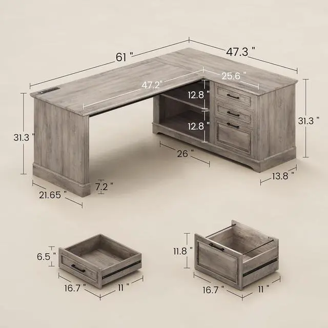 Alt view image 2 of 7 - SEDETA Executive Desk, 61" Farmhouse L Shaped Desk with File Drawers, Office Desk with Drawers and Power Outlets, Computer Desk with Storage Shelves for Home Office, Grey