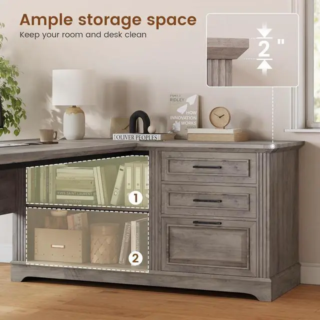 Alt view image 3 of 7 - SEDETA Executive Desk, 61" Farmhouse L Shaped Desk with File Drawers, Office Desk with Drawers and Power Outlets, Computer Desk with Storage Shelves for Home Office, Grey