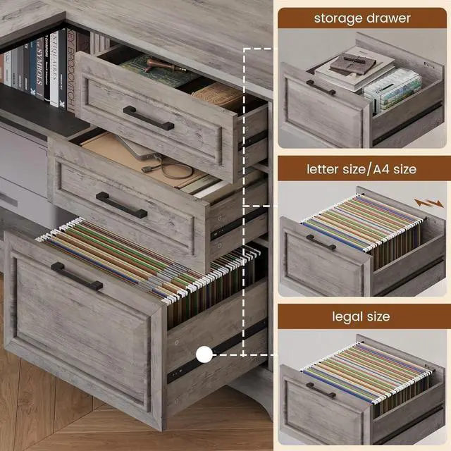 Alt view image 4 of 7 - SEDETA Executive Desk, 61" Farmhouse L Shaped Desk with File Drawers, Office Desk with Drawers and Power Outlets, Computer Desk with Storage Shelves for Home Office, Grey
