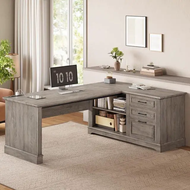 Alt view image 6 of 7 - SEDETA Executive Desk, 61" Farmhouse L Shaped Desk with File Drawers, Office Desk with Drawers and Power Outlets, Computer Desk with Storage Shelves for Home Office, Grey