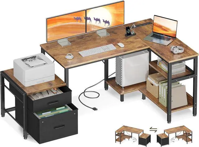 Main image of Casaottima L Shaped Desk with Drawers & File Cabinet, Reversible Computer Desk with Storage Shelves & CPU Stand, Corner Desk with Power Outlets, L Desk for Home Office, Rustic Brown