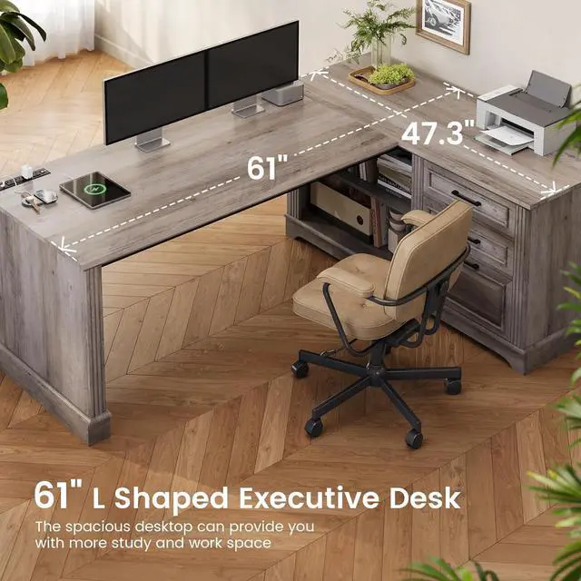 Alt view image 7 of 7 - SEDETA Executive Desk, 61" Farmhouse L Shaped Desk with File Drawers, Office Desk with Drawers and Power Outlets, Computer Desk with Storage Shelves for Home Office, Grey