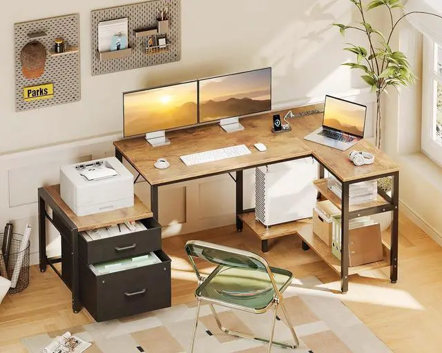 Alt view image 2 of 7 - Casaottima L Shaped Desk with Drawers & File Cabinet, Reversible Computer Desk with Storage Shelves & CPU Stand, Corner Desk with Power Outlets, L Desk for Home Office, Rustic Brown