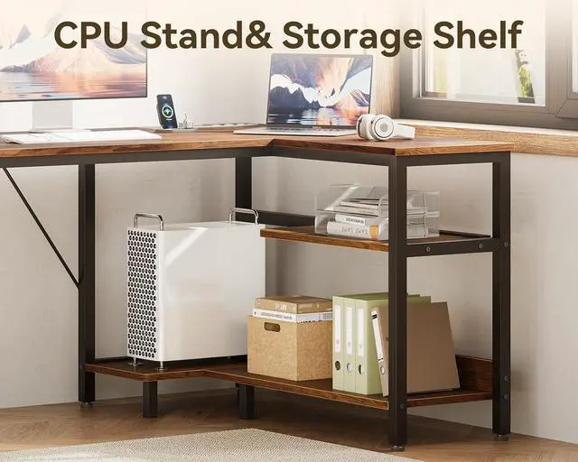 Alt view image 5 of 7 - Casaottima L Shaped Desk with Drawers & File Cabinet, Reversible Computer Desk with Storage Shelves & CPU Stand, Corner Desk with Power Outlets, L Desk for Home Office, Rustic Brown