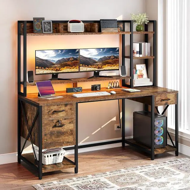 Main image of DWVO Computer Desk with Drawers & Hutch, 59.1" Office Desk with Power Outlets & LED Lights, Home Office Desk with Storage Shelves, Rustic Brown