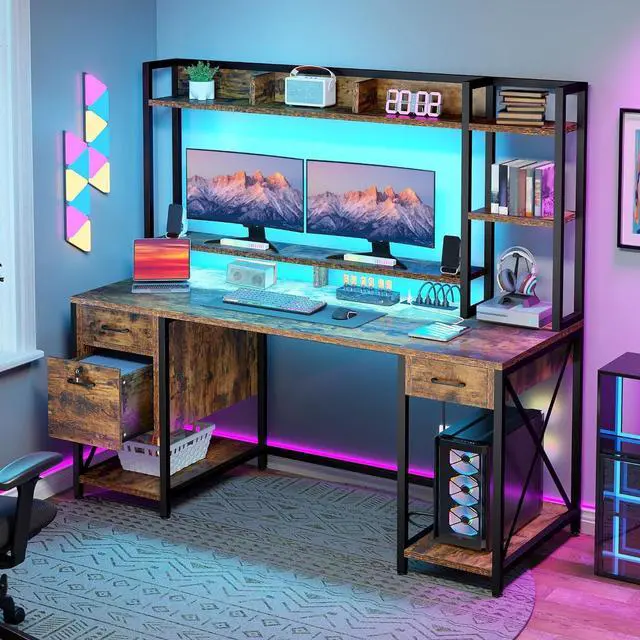 Alt view image 3 of 7 - DWVO Computer Desk with Drawers & Hutch, 59.1" Office Desk with Power Outlets & LED Lights, Home Office Desk with Storage Shelves, Rustic Brown