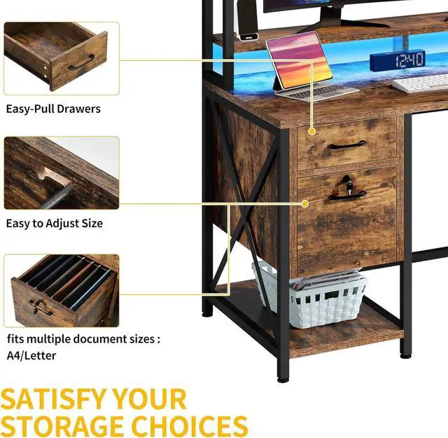Alt view image 6 of 7 - DWVO Computer Desk with Drawers & Hutch, 59.1" Office Desk with Power Outlets & LED Lights, Home Office Desk with Storage Shelves, Rustic Brown