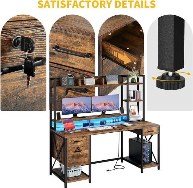 Alt view image 7 of 7 - DWVO Computer Desk with Drawers & Hutch, 59.1" Office Desk with Power Outlets & LED Lights, Home Office Desk with Storage Shelves, Rustic Brown