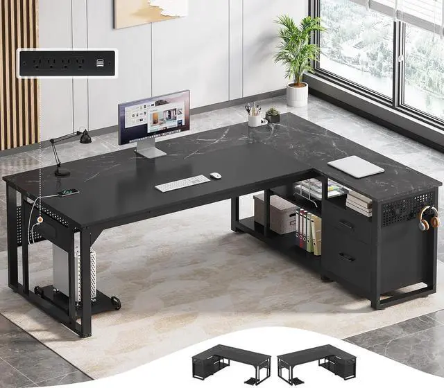 Main image of 71 in Executive Desk with Power Outlets, Reversible L Shaped Desk with File Drawers & Storage Shelves, Large Office Desk Computer Desk with Pegboard, Mobile CPU Stand, Modern Corner Desk (Black)