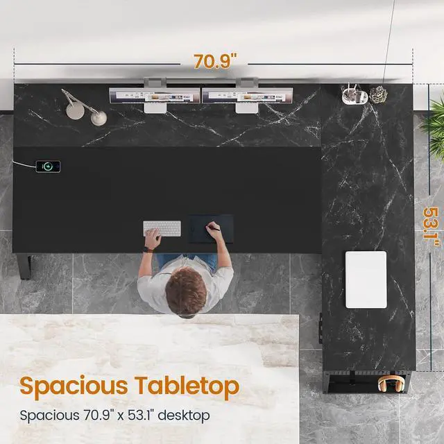 Alt view image 2 of 7 - 71 in Executive Desk with Power Outlets, Reversible L Shaped Desk with File Drawers & Storage Shelves, Large Office Desk Computer Desk with Pegboard, Mobile CPU Stand, Modern Corner Desk (Black)