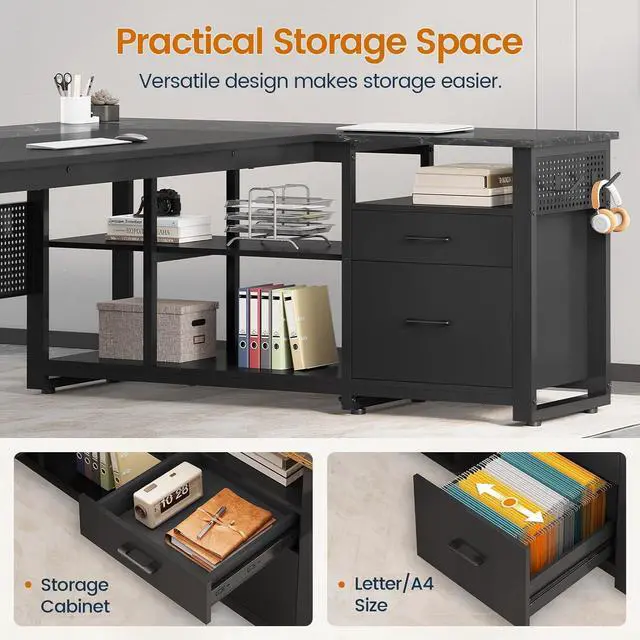 Alt view image 6 of 7 - 71 in Executive Desk with Power Outlets, Reversible L Shaped Desk with File Drawers & Storage Shelves, Large Office Desk Computer Desk with Pegboard, Mobile CPU Stand, Modern Corner Desk (Black)