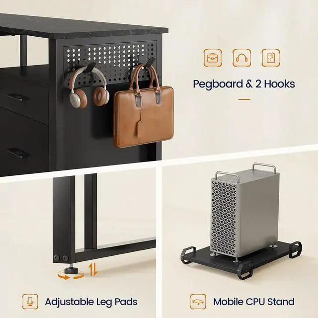 Alt view image 7 of 7 - 71 in Executive Desk with Power Outlets, Reversible L Shaped Desk with File Drawers & Storage Shelves, Large Office Desk Computer Desk with Pegboard, Mobile CPU Stand, Modern Corner Desk (Black)