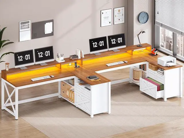 Alt view image 3 of 7 - SEDETA Farmhouse L Shaped Desk, 55" Home Office Desk with Drawers and Storage Shelves, L Shaped Gaming Desk with LED Lights, Power Outlet and Monitor Shelf, Brown