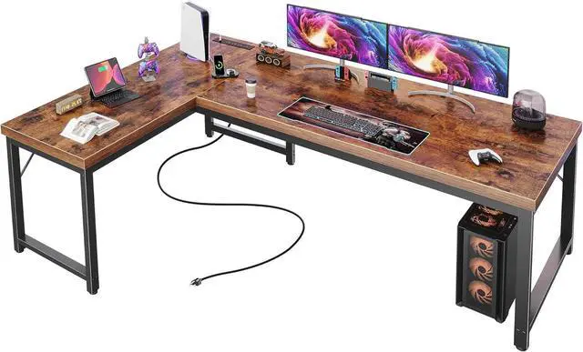 Main image of Huuger 63 Inch L Shaped Desk with Power Outlets and USB-C Port, 0.95 Inch Thicker Desktop, Reversible Computer Desk, Larger Office Corner Gaming Desk, Metal Frame, for Home Office, Study, Rustic Brown