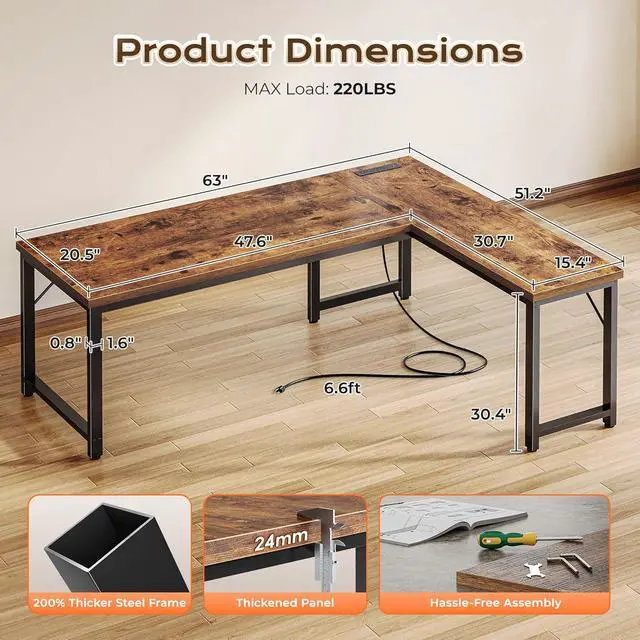 Alt view image 3 of 7 - Huuger 63 Inch L Shaped Desk with Power Outlets and USB-C Port, 0.95 Inch Thicker Desktop, Reversible Computer Desk, Larger Office Corner Gaming Desk, Metal Frame, for Home Office, Study, Rustic Brown