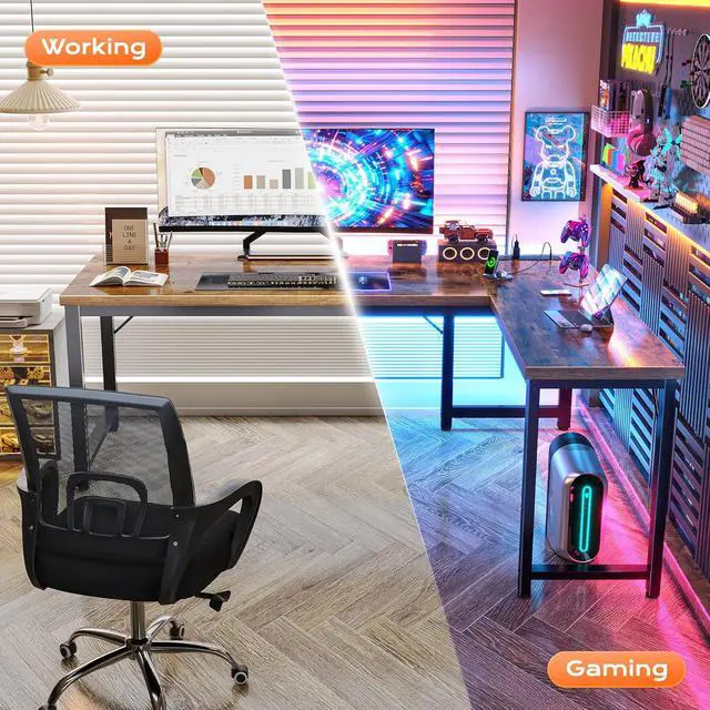 Alt view image 6 of 7 - Huuger 63 Inch L Shaped Desk with Power Outlets and USB-C Port, 0.95 Inch Thicker Desktop, Reversible Computer Desk, Larger Office Corner Gaming Desk, Metal Frame, for Home Office, Study, Rustic Brown