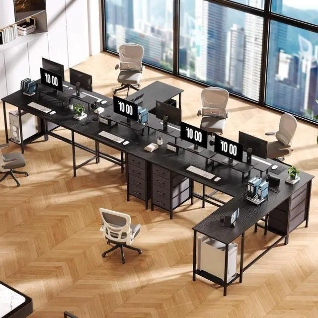 Alt view image 2 of 7 - 59 inch L Shaped Computer Desk with Power Outlets, Home Office Desk with 4 Adjustable Storage Drawers & 2 Monitor Stands, Two Person Gaming Table for Bedroom, Black