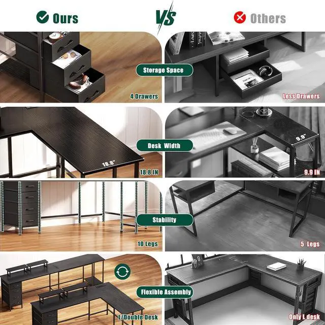 Alt view image 6 of 7 - 59 inch L Shaped Computer Desk with Power Outlets, Home Office Desk with 4 Adjustable Storage Drawers & 2 Monitor Stands, Two Person Gaming Table for Bedroom, Black