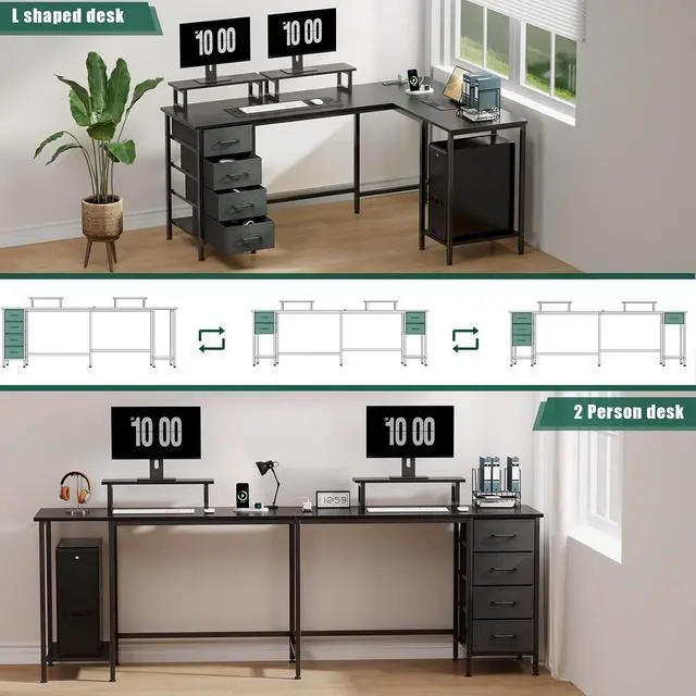 Alt view image 7 of 7 - 59 inch L Shaped Computer Desk with Power Outlets, Home Office Desk with 4 Adjustable Storage Drawers & 2 Monitor Stands, Two Person Gaming Table for Bedroom, Black