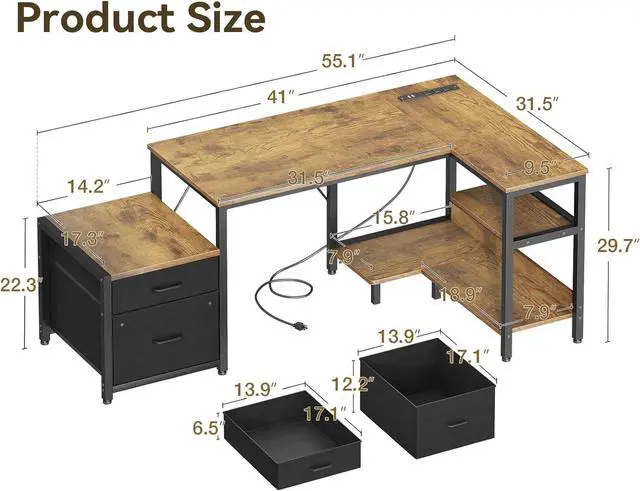 Alt view image 3 of 7 - Casaottima L Shaped Desk with Drawers & File Cabinet, Reversible Computer Desk with Storage Shelves & CPU Stand, Corner Desk with Power Outlets, L Desk for Home Office, Rustic Brown