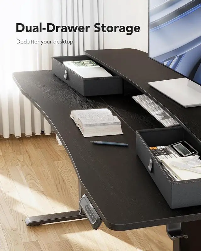 Alt view image 4 of 6 - HUANUO 48 x 24 Electric Standing Desk with 2 Drawers, C-Clamp Mount Compatible, Height Adjustable Computer Desk, Home Office Stand Up Desk with 4 Preset Heights & 2 Hooks, Black