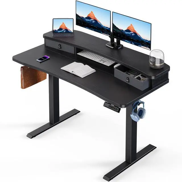 Main image of HUANUO 48 x 24 Electric Standing Desk with 2 Drawers, C-Clamp Mount Compatible, Height Adjustable Computer Desk, Home Office Stand Up Desk with 4 Preset Heights & 2 Hooks, Black
