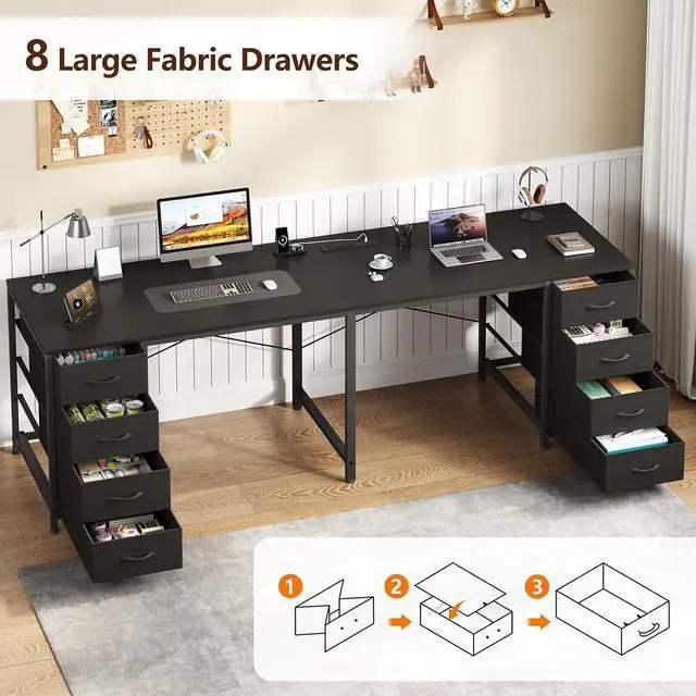 Alt view image 3 of 7 - TVU 2 Person Desk with 8 Drawers, Large Home Office Computer Desk with Power Outlets, 78 Inch Long Double Desks for Two People, Black