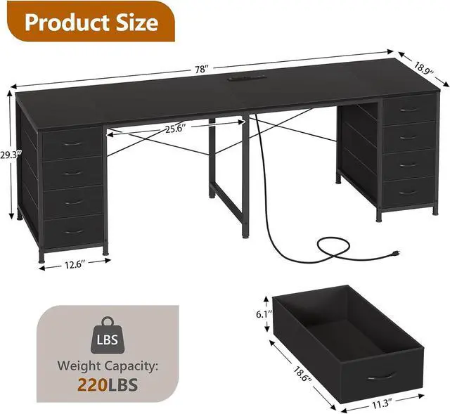 Alt view image 2 of 7 - TVU 2 Person Desk with 8 Drawers, Large Home Office Computer Desk with Power Outlets, 78 Inch Long Double Desks for Two People, Black