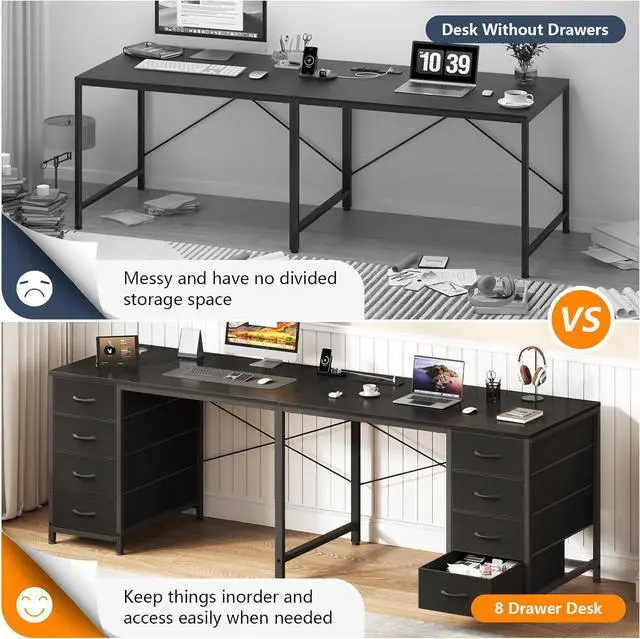 Alt view image 5 of 7 - TVU 2 Person Desk with 8 Drawers, Large Home Office Computer Desk with Power Outlets, 78 Inch Long Double Desks for Two People, Black