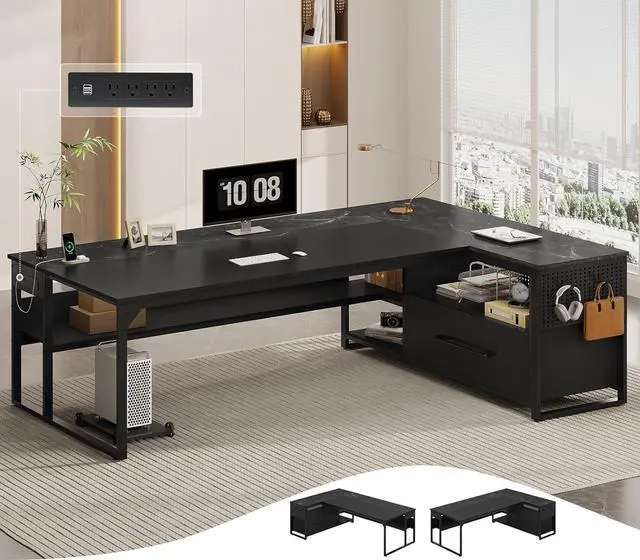 71" Executive Desk, Large Office Desk with Widen File Drawers & Power Outlets, Reversible L Shaped Computer Desk Corner Desk with Storage Shelves, CPU Stand, Hooks, Business Furniture (Black)