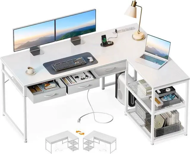 Main image of AODK 53 Inch L Shaped Computer Desk with Drawers, Corner Desk with Power Outlets & Reversible Storage Shelves, Movable CPU Stand for Home Office Gaming, White
