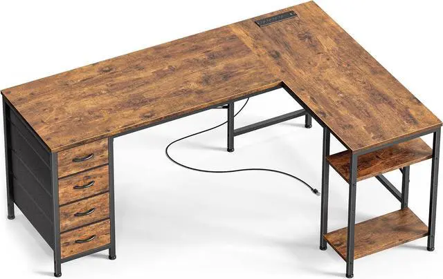 Main image of Huuger 55 Inch L Shaped Desk with Fabric Drawers, Reversible Computer Gaming Desk with Power Outlets and USB-C Port, Adjustable Side Storage Shelves, for Work Study Corner Home Office, Rustic Brown