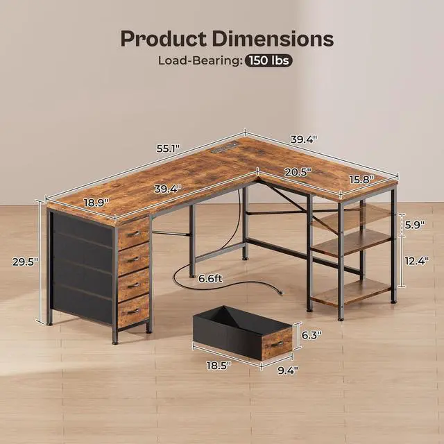 Alt view image 2 of 7 - Huuger 55 Inch L Shaped Desk with Fabric Drawers, Reversible Computer Gaming Desk with Power Outlets and USB-C Port, Adjustable Side Storage Shelves, for Work Study Corner Home Office, Rustic Brown