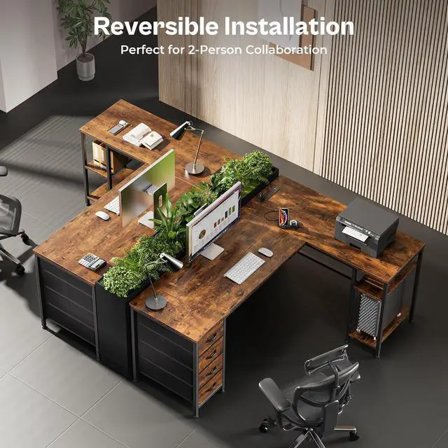 Alt view image 3 of 7 - Huuger 55 Inch L Shaped Desk with Fabric Drawers, Reversible Computer Gaming Desk with Power Outlets and USB-C Port, Adjustable Side Storage Shelves, for Work Study Corner Home Office, Rustic Brown