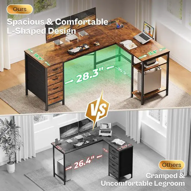 Alt view image 4 of 7 - Huuger 55 Inch L Shaped Desk with Fabric Drawers, Reversible Computer Gaming Desk with Power Outlets and USB-C Port, Adjustable Side Storage Shelves, for Work Study Corner Home Office, Rustic Brown