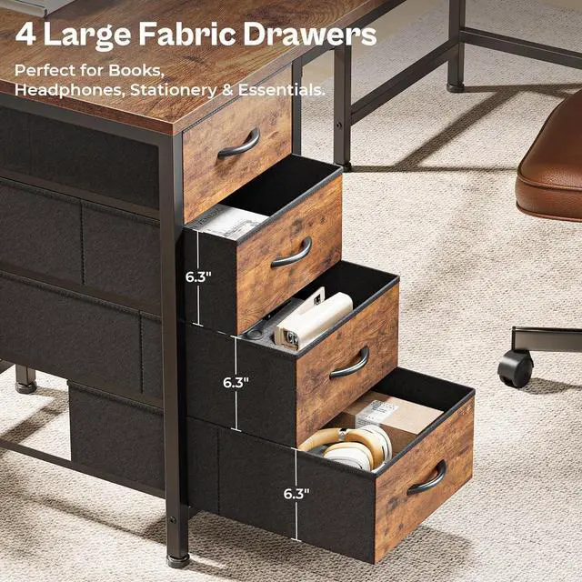 Alt view image 6 of 7 - Huuger 55 Inch L Shaped Desk with Fabric Drawers, Reversible Computer Gaming Desk with Power Outlets and USB-C Port, Adjustable Side Storage Shelves, for Work Study Corner Home Office, Rustic Brown