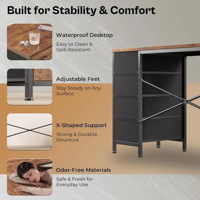 Alt view image 7 of 7 - Huuger 55 Inch L Shaped Desk with Fabric Drawers, Reversible Computer Gaming Desk with Power Outlets and USB-C Port, Adjustable Side Storage Shelves, for Work Study Corner Home Office, Rustic Brown