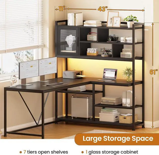 Alt view image 2 of 7 - SEDETA L Shaped Computer Desk, 58'' Office Desk with LED Light and Bookshelf, L Shaped Corner Desk with Storage Shelves for Home Office, Gaming Desk, L Desk, Black