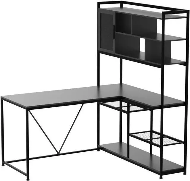 Alt view image 4 of 7 - SEDETA L Shaped Computer Desk, 58'' Office Desk with LED Light and Bookshelf, L Shaped Corner Desk with Storage Shelves for Home Office, Gaming Desk, L Desk, Black
