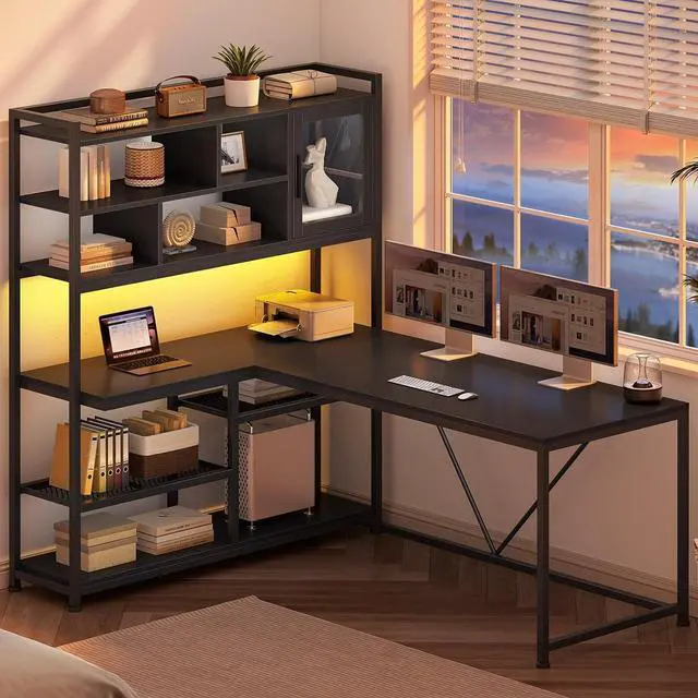 Alt view image 3 of 7 - SEDETA L Shaped Computer Desk, 58'' Office Desk with LED Light and Bookshelf, L Shaped Corner Desk with Storage Shelves for Home Office, Gaming Desk, L Desk, Black